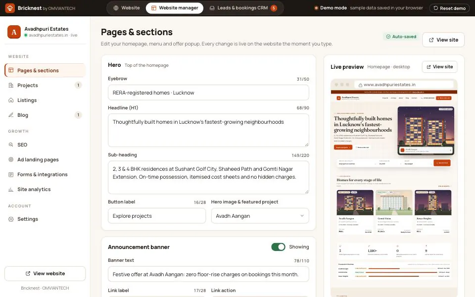 Bricknest website manager: homepage hero headline, sub-heading and announcement banner being edited, with a live desktop preview of the builder website alongside
