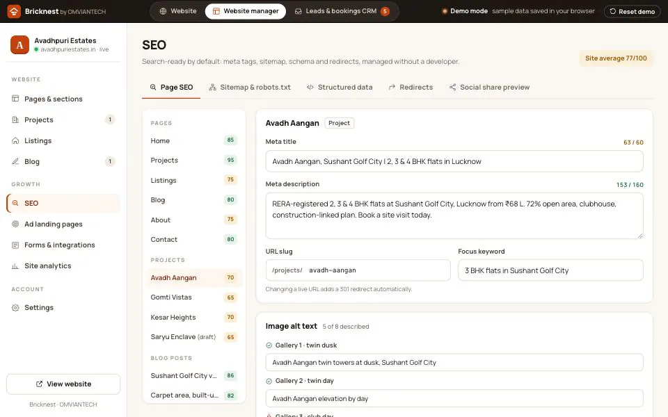 Bricknest SEO panel for a project page showing meta title and description with character counts, URL slug, focus keyword and image alt-text checklist