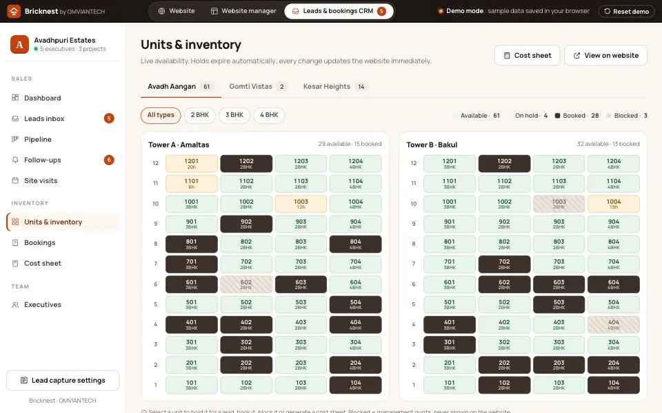 Bricknest unit inventory grid for two towers showing available, on-hold, booked and blocked flats by floor