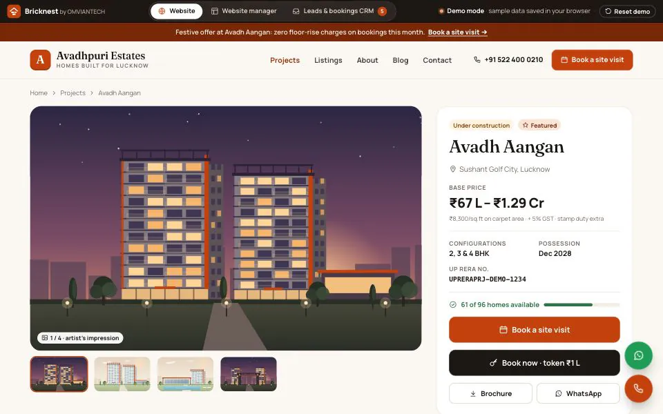 Builder website project page for a fictional Sushant Golf City project with price range on carpet area, configurations, possession date, UP RERA number and buttons to book a site visit or a unit