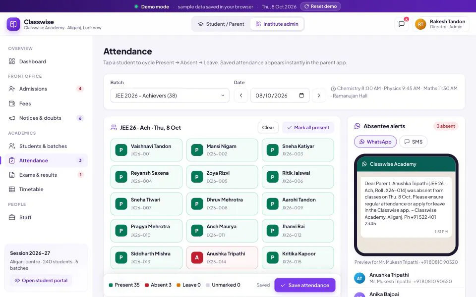 Classwise attendance screen for a JEE batch with a present or absent tile for each student, a count of 35 present and 3 absent, and a WhatsApp absentee alert preview addressed to a parent