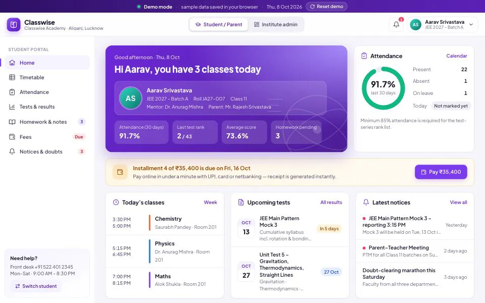 Classwise parent and student portal home for a JEE 2027 student, showing 30-day attendance, last test rank, average score, a banner for the next fee instalment with a Pay button, today’s classes, upcoming tests and notices