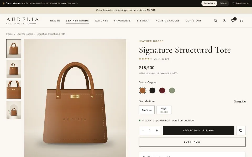 Aurelia storefront product page for the Signature Structured Tote, with a four-view gallery, colour swatches, medium and large size options, a GST-inclusive price and an add-to-bag button