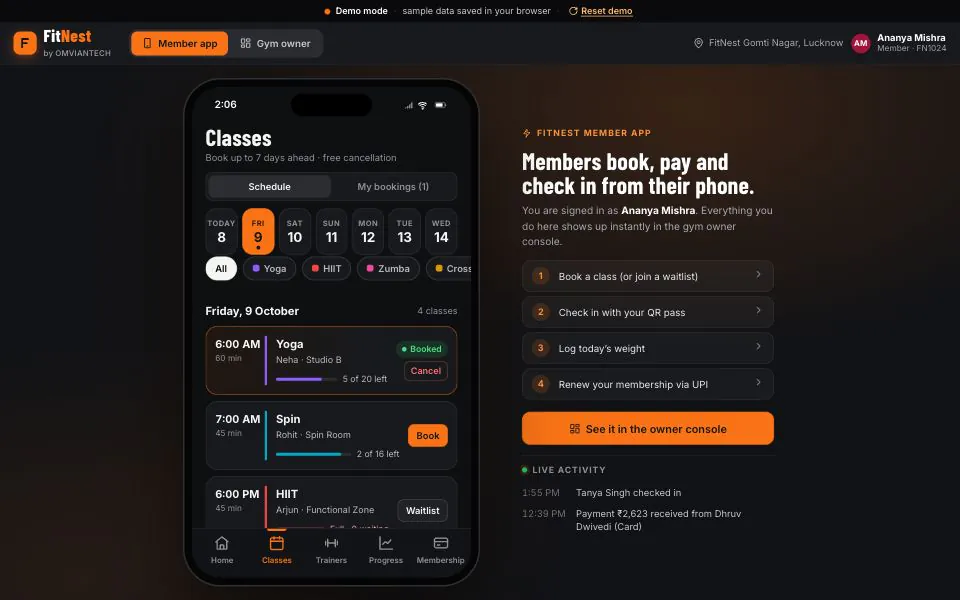 FitNest member app on a phone showing Friday’s class schedule with a booked Yoga class, a Spin class with two spots left and a full HIIT class offering a waitlist