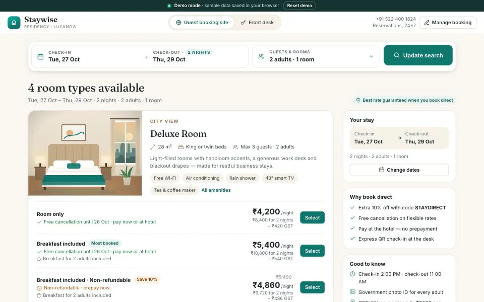 Staywise booking engine results for a two-night stay, showing the Deluxe Room with room-only, breakfast and non-refundable rates, the price per night and the GST on each plan