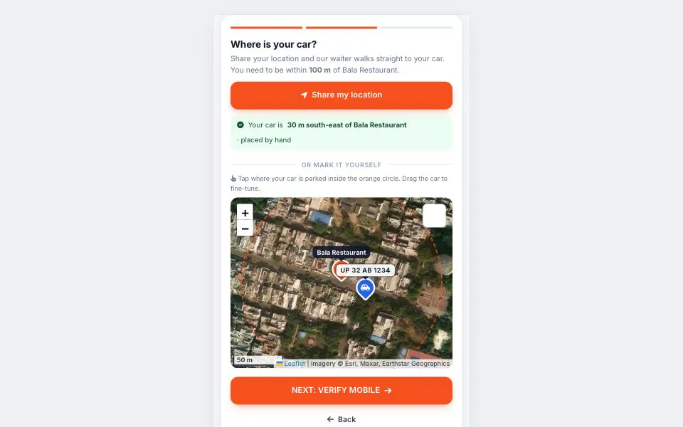 OrderMe guest screen asking ‘Where is your car?’, with the car pinned on a satellite map inside the restaurant’s 100 m ordering circle, 30 m south-east of the restaurant