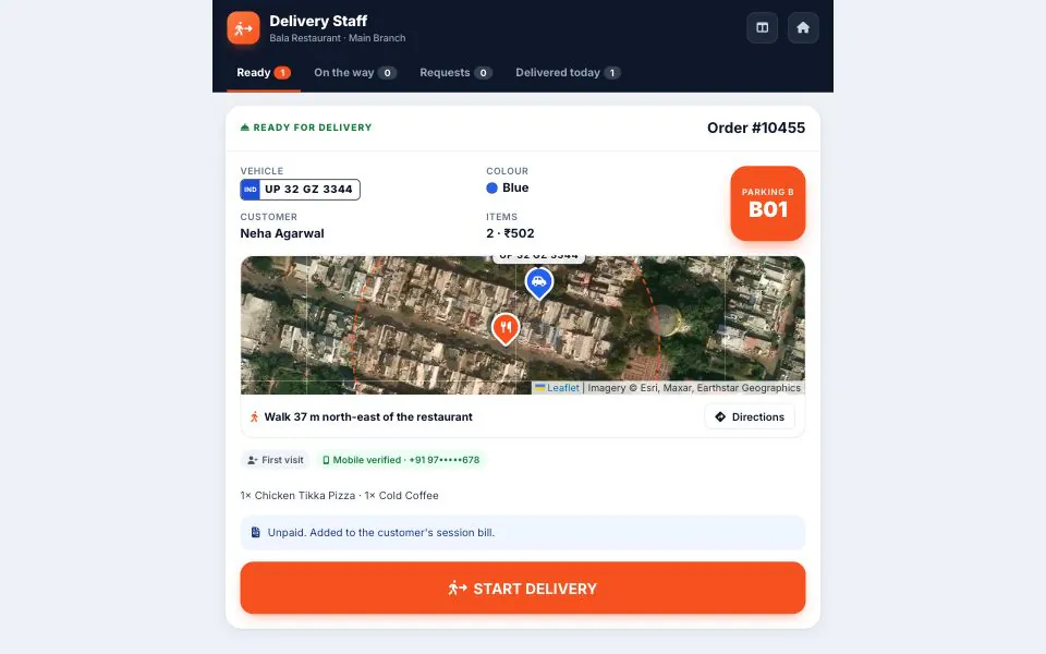 OrderMe waiter app showing a ready order for parking spot B01 with the car’s number plate and colour, a satellite map from the restaurant to the car, and the direction ‘Walk 37 m north-east of the restaurant’