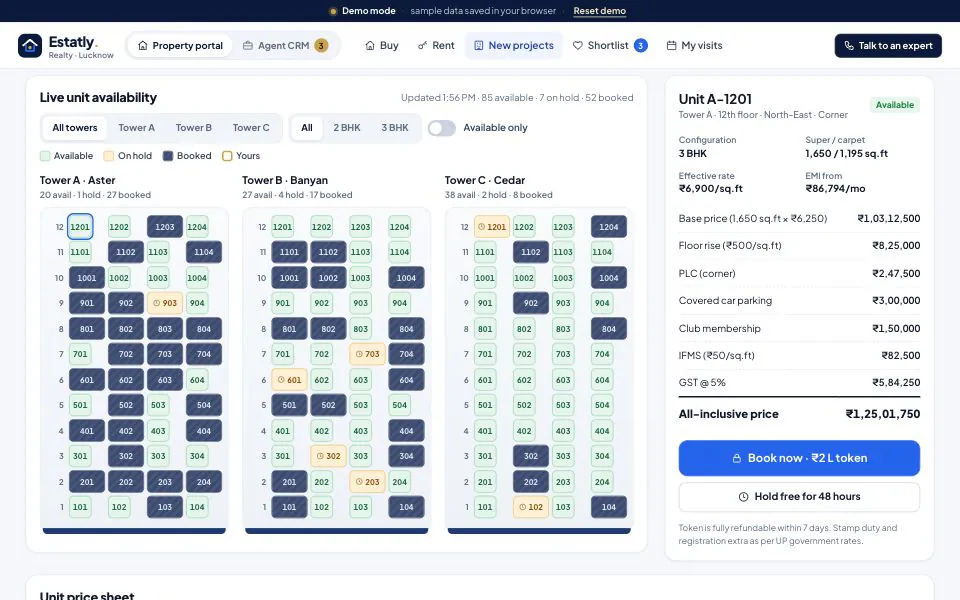 Estatly live unit availability grid for three 12-storey towers with units marked available, on hold or booked, beside the price sheet for unit A-1201 with buttons to book with a token or hold free for 48 hours