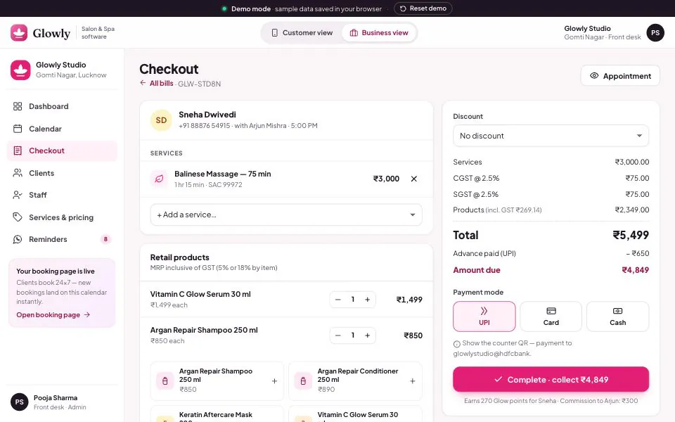 Glowly salon checkout for a massage appointment with a retail serum and shampoo added, service CGST and SGST at 2.5% each, a UPI deposit deducted, and UPI, card and cash payment options