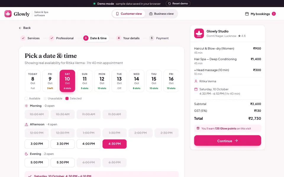 Glowly online salon booking step for choosing a date and time, showing one stylist’s open and unavailable slots and a summary of a haircut, hair spa and head massage totalling ₹2,730 including 5% GST